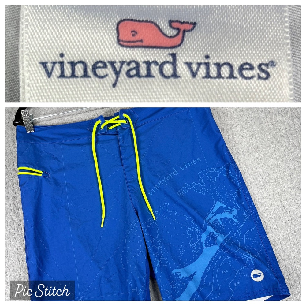 Vineyard Vines Board Shorts Men 32 Blue Nautical Map Print Swim Trunks Neon Trim
